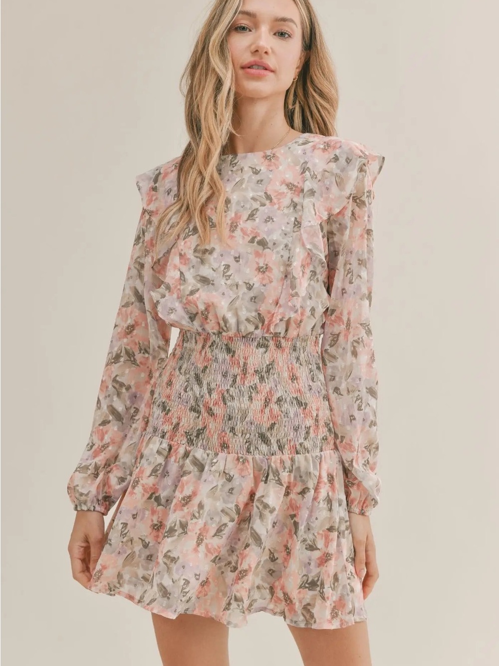 Sadie & Sage Pink Floral Smocked-Waist Long-Sleeve Mini Dress